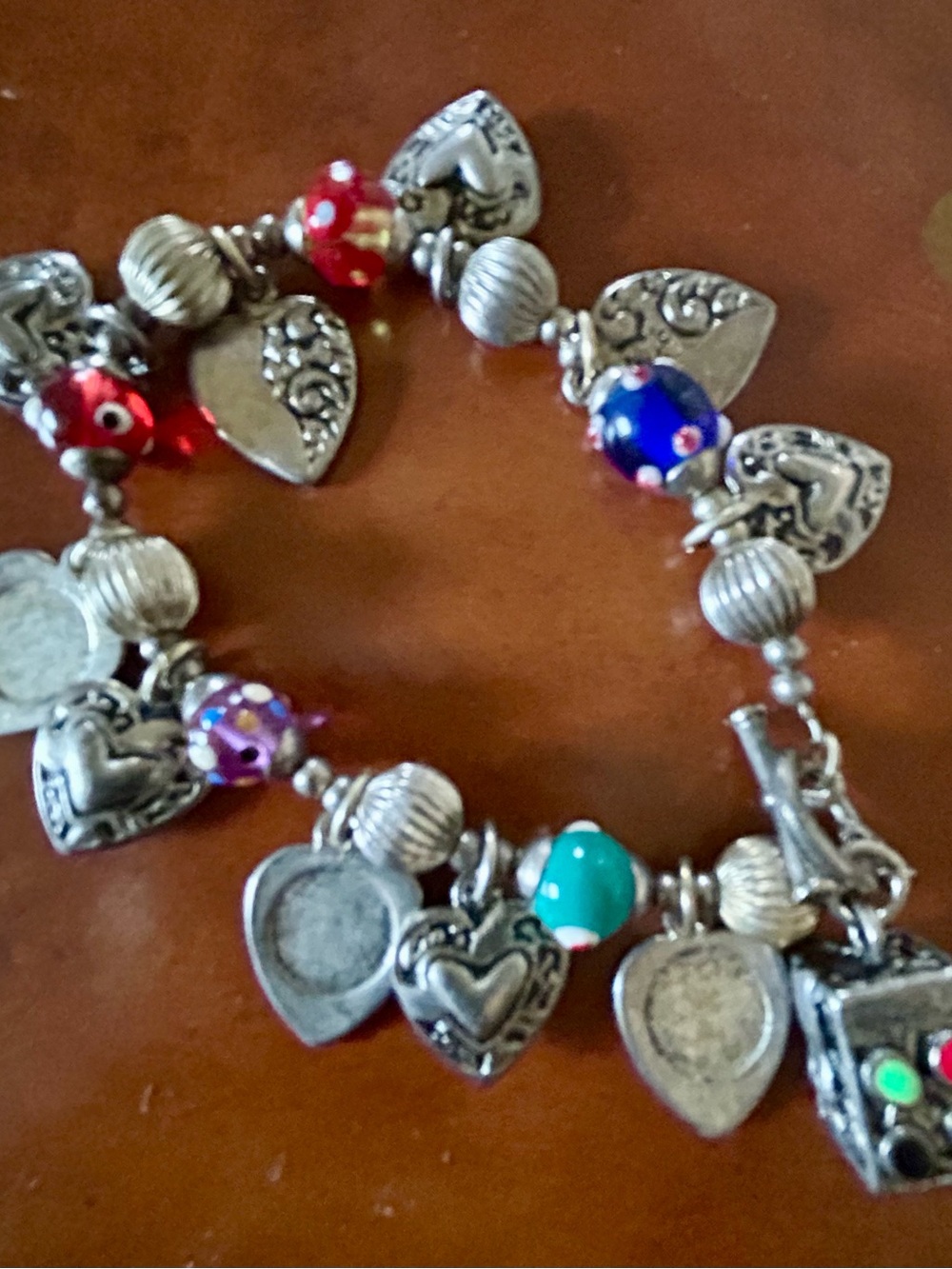 Silver Heart Charm Bracelet with Multicolor Beads